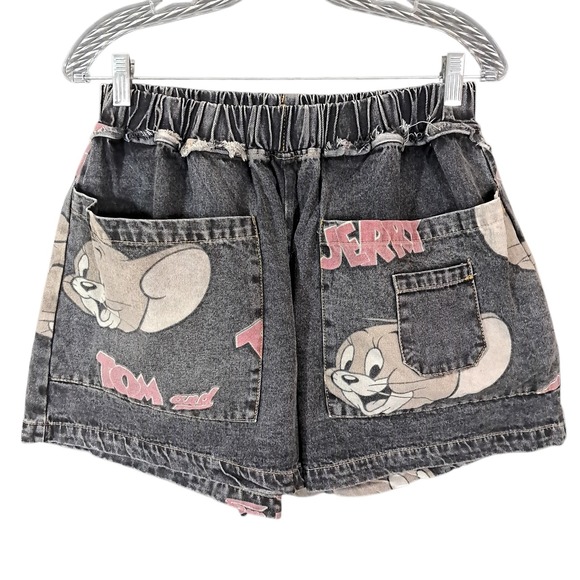 Pants - Tom and Jerry Oversized Baggy Denim Shorts Patchwork Faded Y2K Harajuku Small